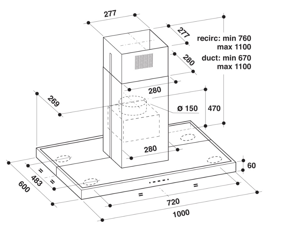 WHIRLPOOL AKR504IX1 hotte îlot - 100cm